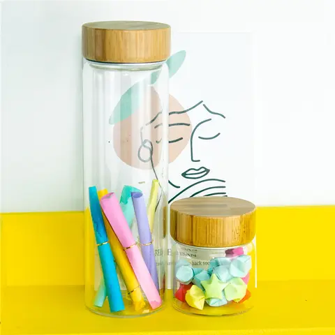 알루미늄 대나무 이중 캡이있는 6 단위 유리 병 50ml 80ml 100ml 150ml 190ml 유리 저장 용기 사탕 식품 누출 방지 병