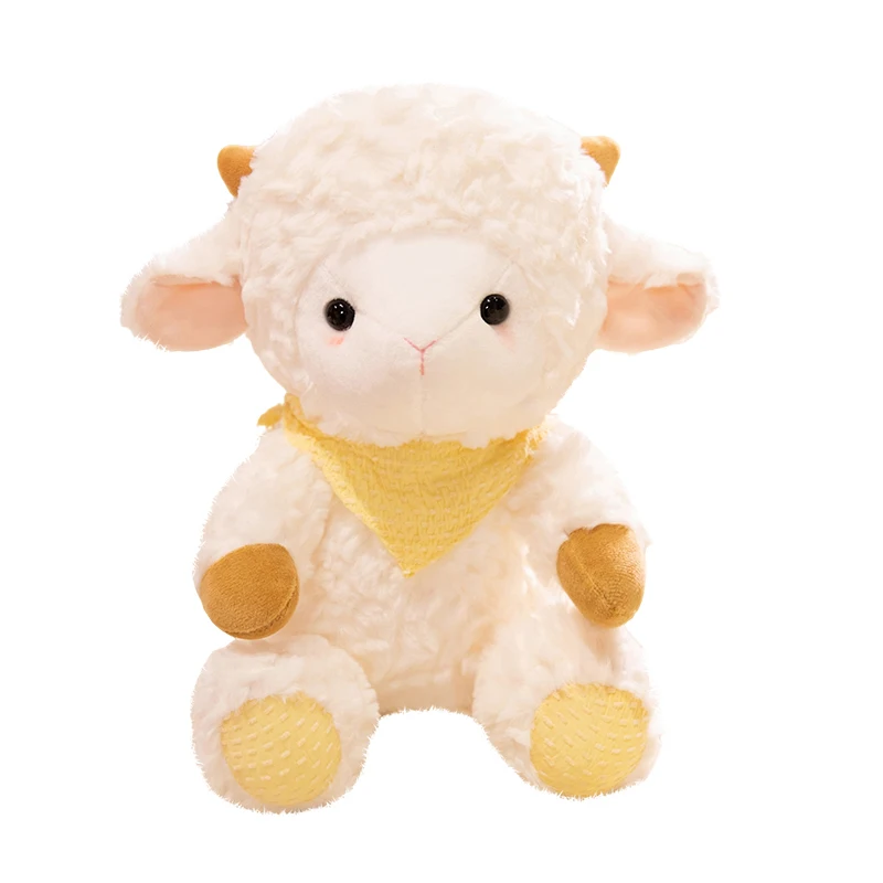 Kawaii Fluffy Sheep Plush Doll Adorable Sitting Lamb Stuffed Animal Toy with Triangle Scarf Bedroom Decoration Gift for Girls