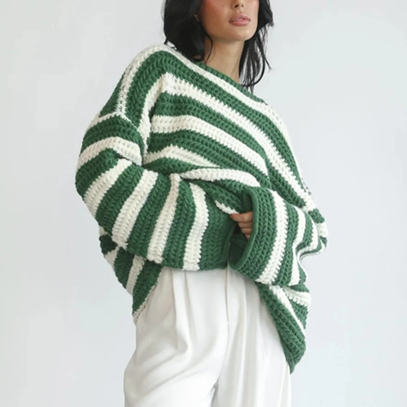 

Autumn and winter loose one collar striped long sleeved knitted pullover sweater casual sweater for women