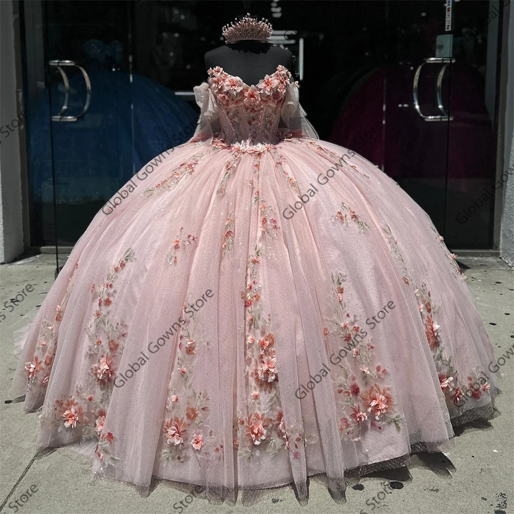 Vestido de fiesta rosa con hombros descubiertos, vestido para quinceañeras para niñas, vestidos de fiesta de cumpleaños con flores en 3D, vestido de graduación con lazo personalizado