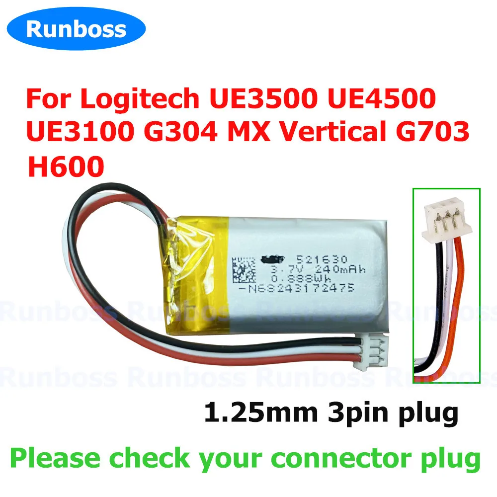 

New AHB521630 3.7V 240mAh Li-Polymer Battery For Logitech H600 Bluetooth Headset 3-wire Plug