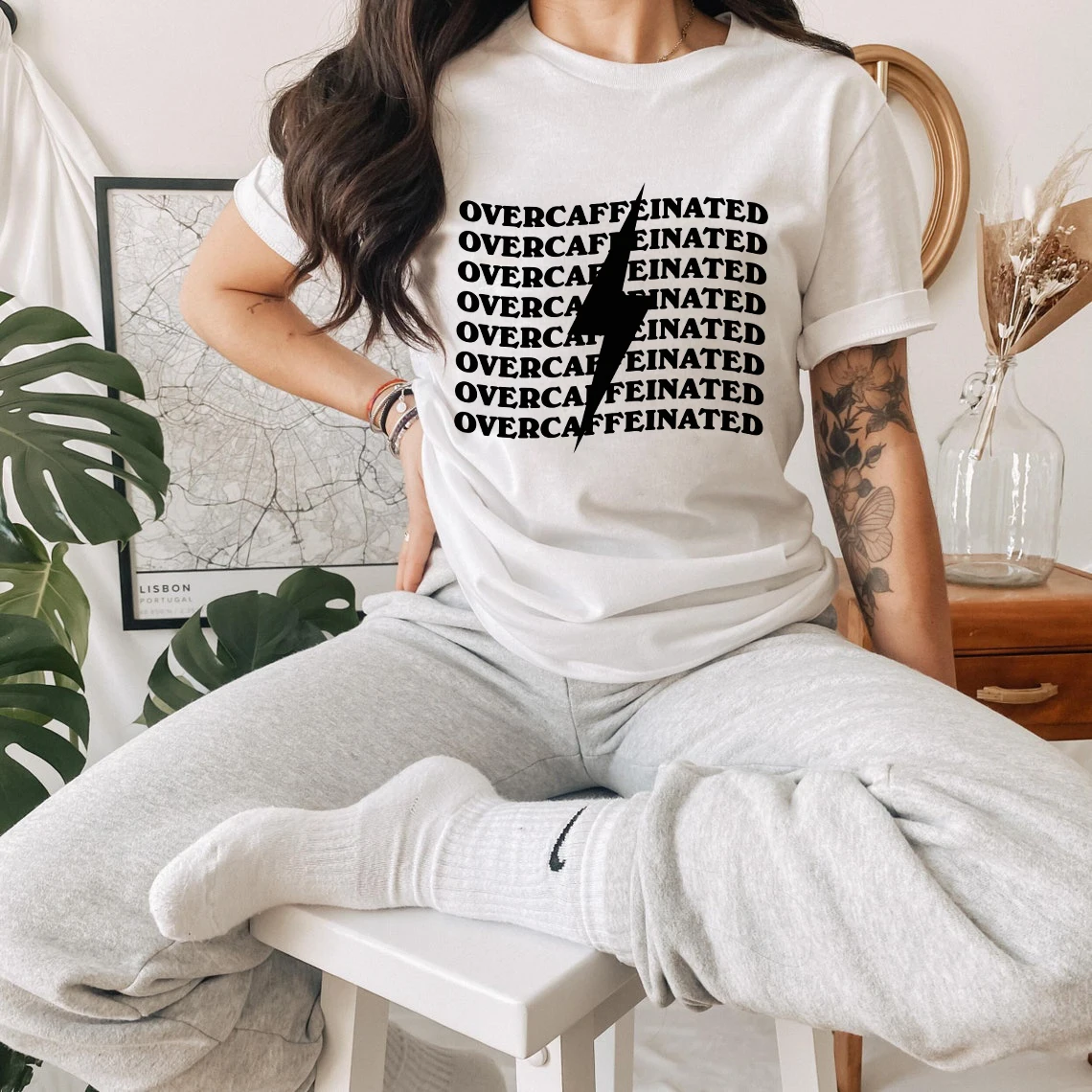 Overcaffeinated Lightening tshirt retro women short sleeve coffee lover tee shirt