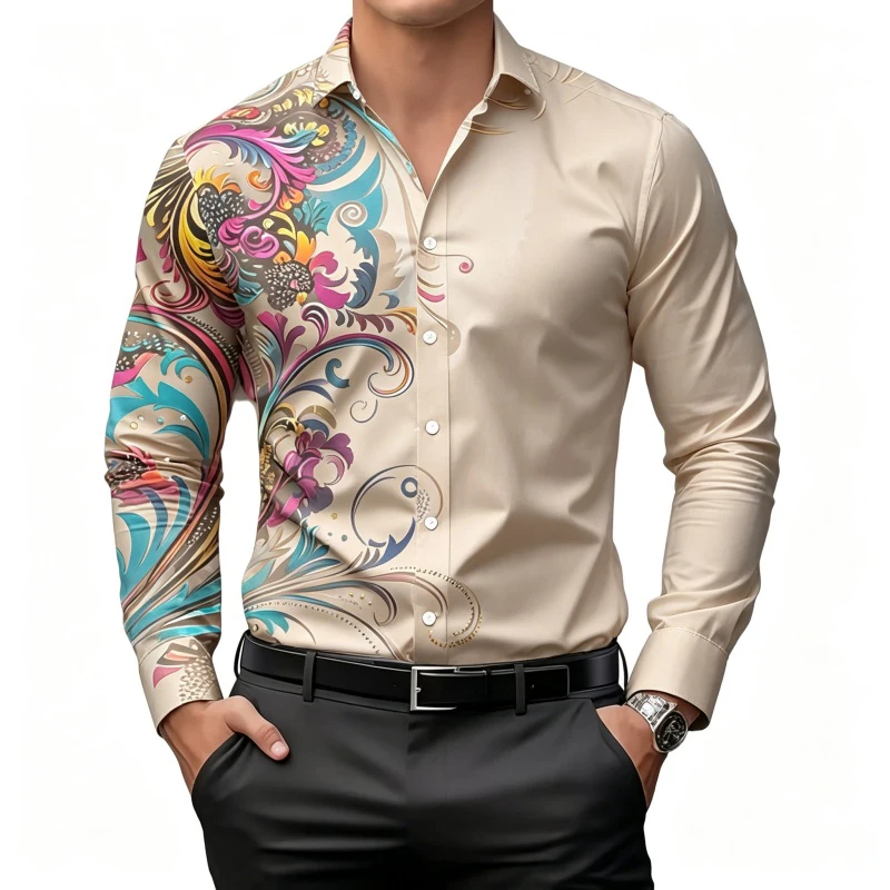 Men's Long Sleeve Shirt Colorful Baroque Floral Scroll Splicing Print Turn‑down Collar Casual Party Vacation Daily Mens Clothing