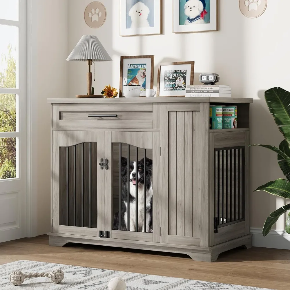 

Style Dog Crate for Large Dogs, 44 Inch Heavy Duty Wooden Dog Kennel Furniture with Drawer & Side Storage and Built-in