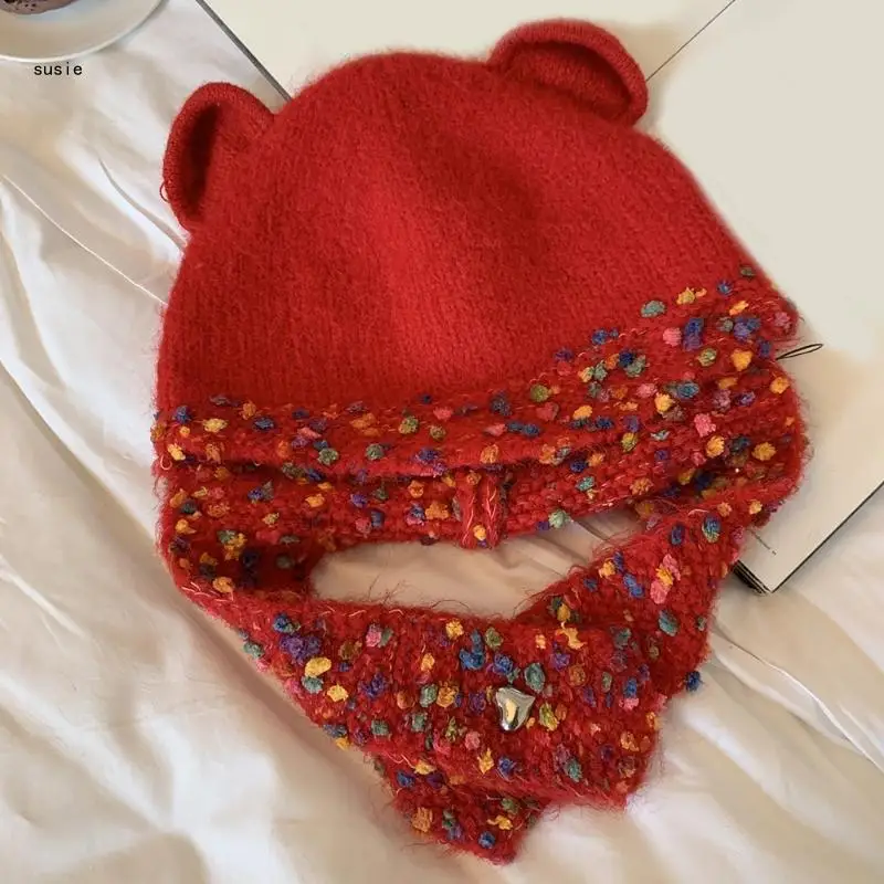 Gorro ganchillo con orejas oso para mujer, gorro tejido para niña, esquí, ciclismo, gorro cálido con orejeras para regalo