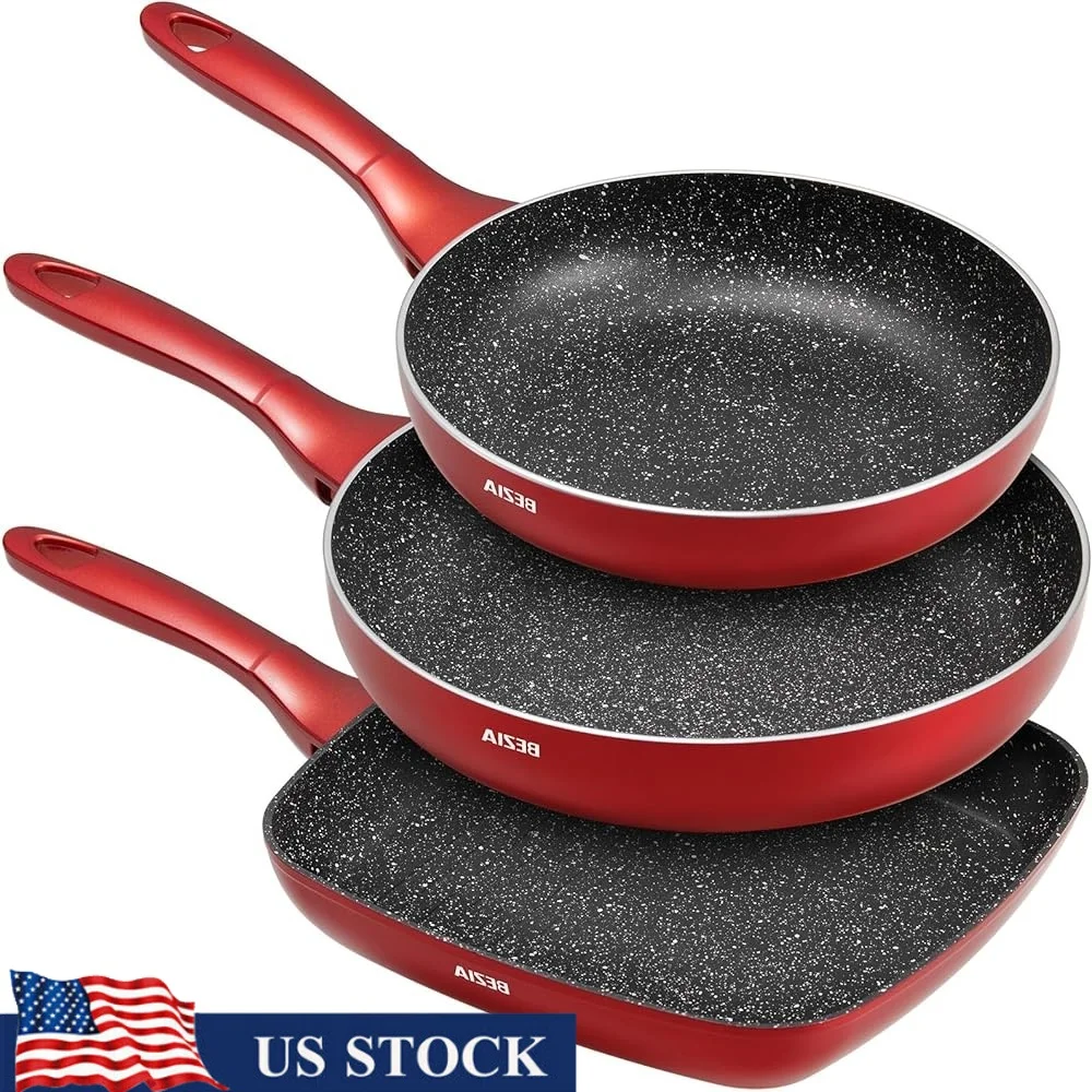 

Nonstick Frying Pan Set 3 Piece Skillets Dishwasher Safe Nonstick Cookware Compatible with Induction Gas Electric Kitchen
