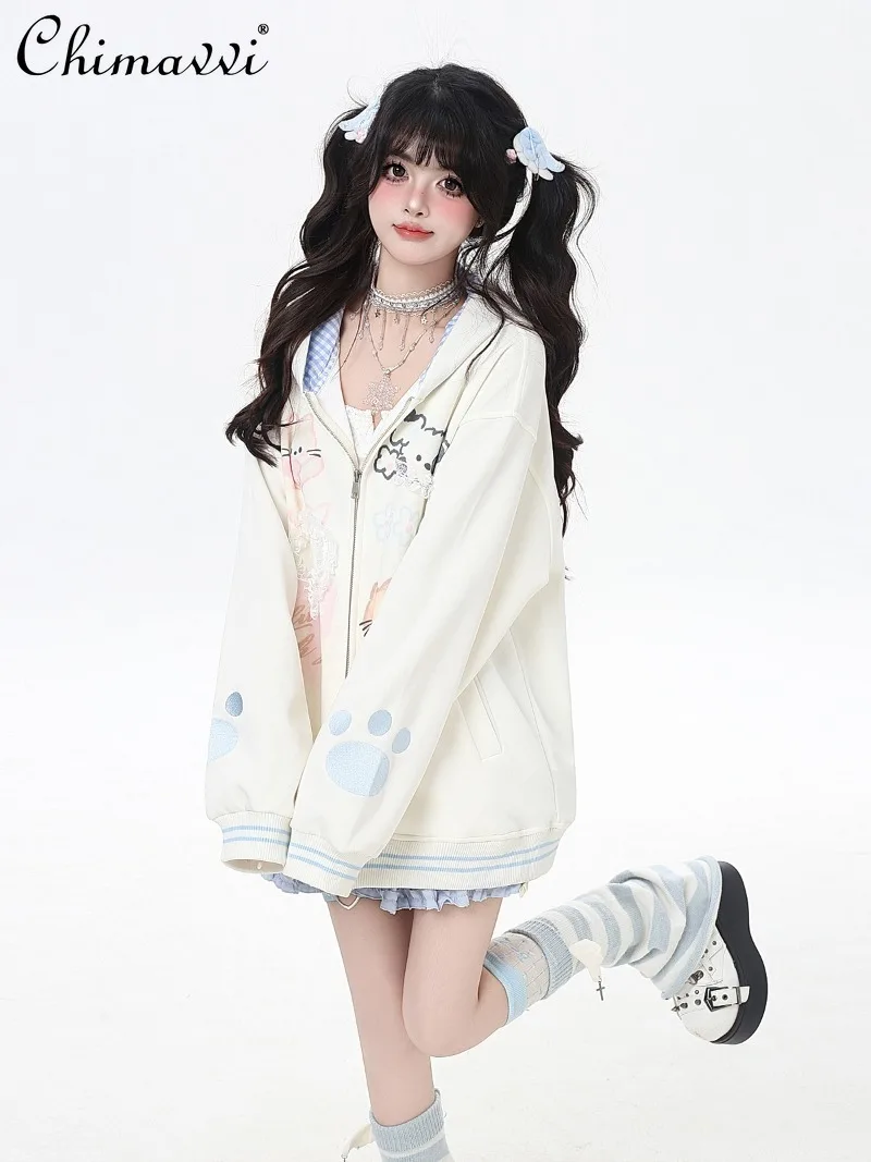 2025 roupas de outono nova moda solta kawaii jaqueta feminina bonito meninas feminino doce renda xadrez gato impressão com capuz manga longa casaco