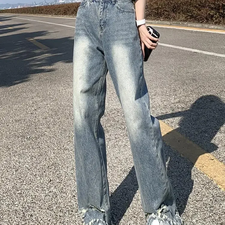 2024 New High Waist Wide Leg Pants Spring and Autumn for Women Fashion Stretch Denim Trousers Woman Vintage Tassel Jeans L281