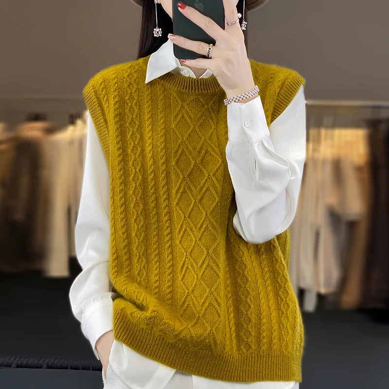 

2023 Winter Pullovers O-neck Women Cashmere Vests Sleevess Knitted Sweaters Office Female Fashion Casual Loose Tops SY01