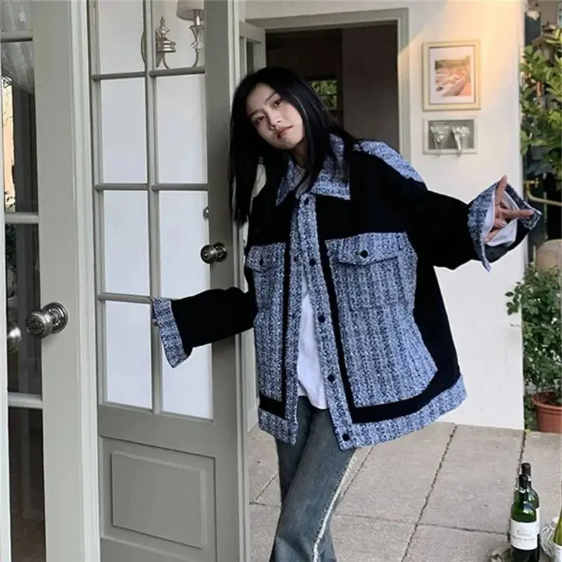 Kleine geur patchwork jas dames nieuwe losse China-chique cool niche-ontwerp kleur bijpassende revers jas top in de herfst van 2025