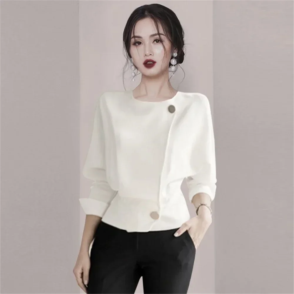 2024 Korean Style Women White Shirts O-Neck Blouse Elegant Office Lady Workwear Female Blusa Button Long Sleeve Casual Tops