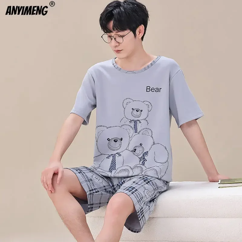 Plus Size L-4XL Men's Pajamas Sets Knitted Cotton Summer Shorts Loose Pijamas for Men Fashion Mens Sleepwear Cartoon Homewear