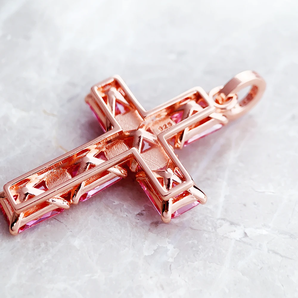 Pendant Rose Color Stone Cross Brand Fashion Trendy Jewelry Europe 925 Sterling Silver Gift For Woman