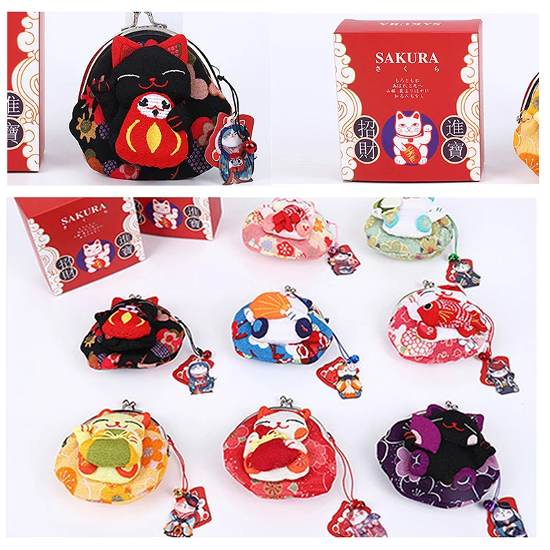 Casual Japanese Style Maneki Neko Coin Purse Doll Wallets Lucky Cat Clutch Bag Flower Printing PU Card Holder Outdoor