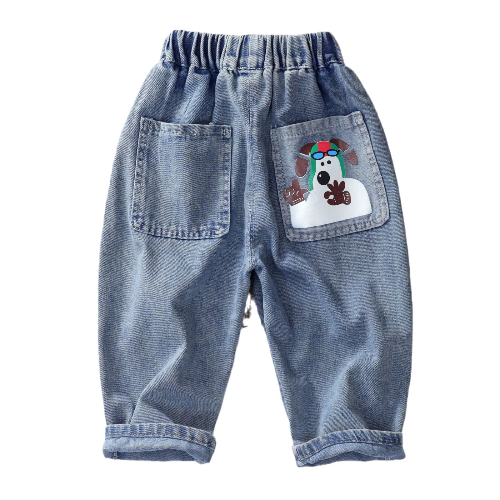 New Kid Boys Denim Pants Spring Autumn Elastic Waist Cartoon Sticker Pockets Children Boys Jeans Loose Casual Baby Boys Trousers