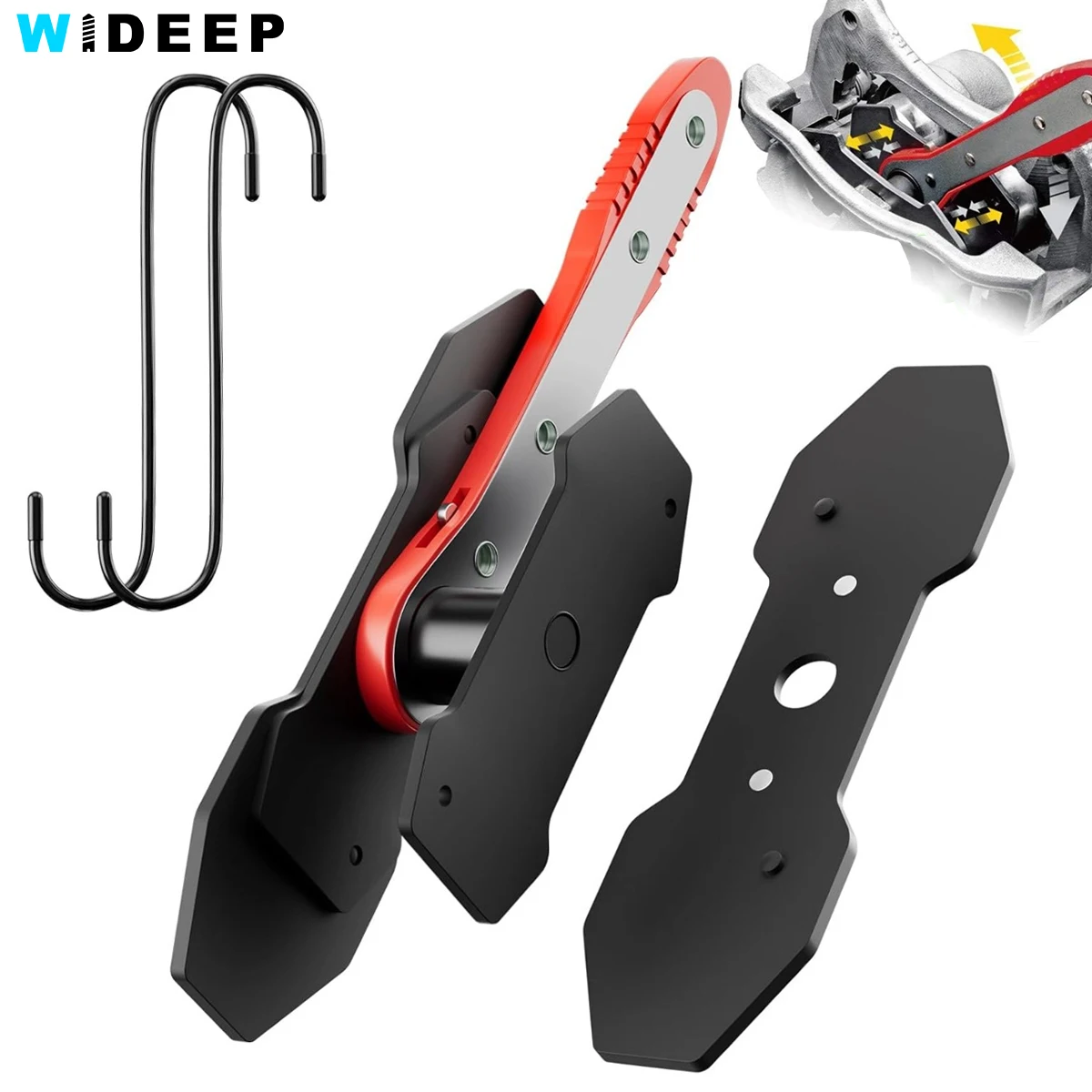 

Car Brake Caliper Press Tool 360 Degree Swing Ratchet Wrench Disc Brake Caliper Piston Spreader with 2 Steel Plates, 2 Hooks