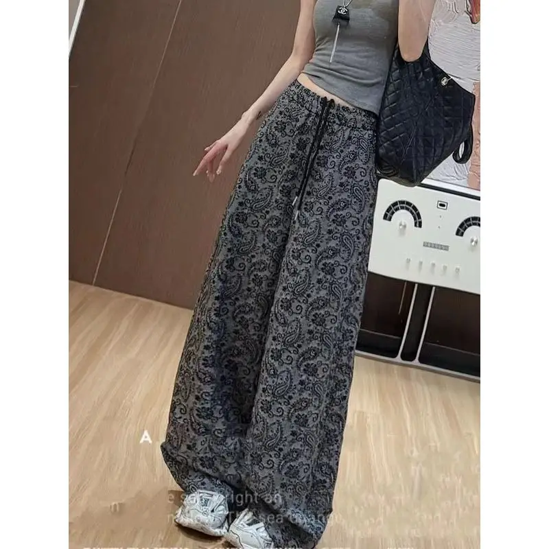 

Women's Plus Size Grey Jacquard Casual Pants High Waist Straight Wide Leg Floor Length Trousers for Spring & Summer