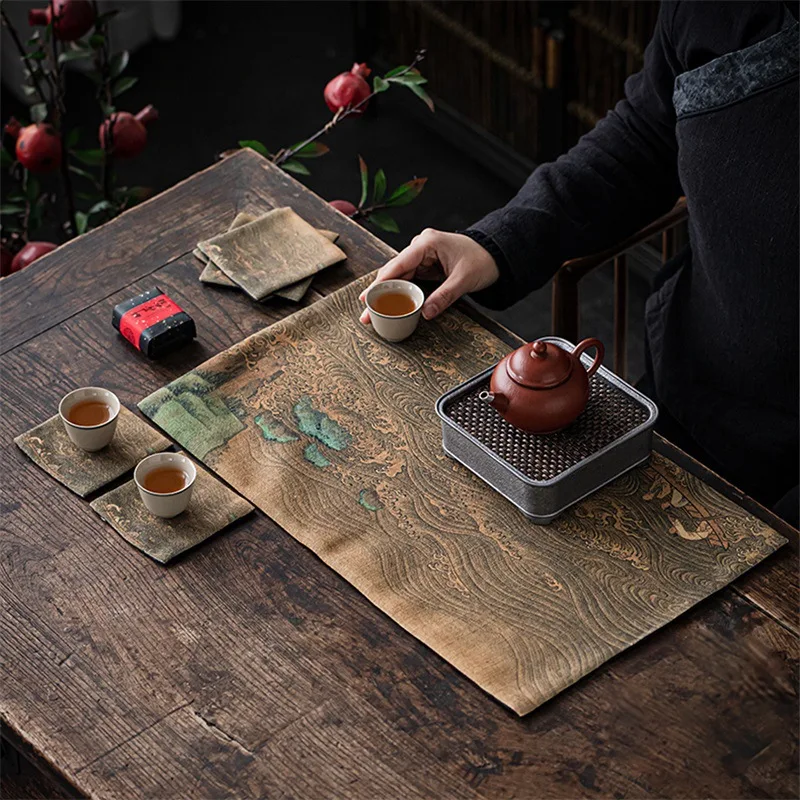 National Trend Ancient Painting Thousand Li of Rivers and Mountains Waterproof Travel Tea Pot Cup Mat Personal Tea Table Runner