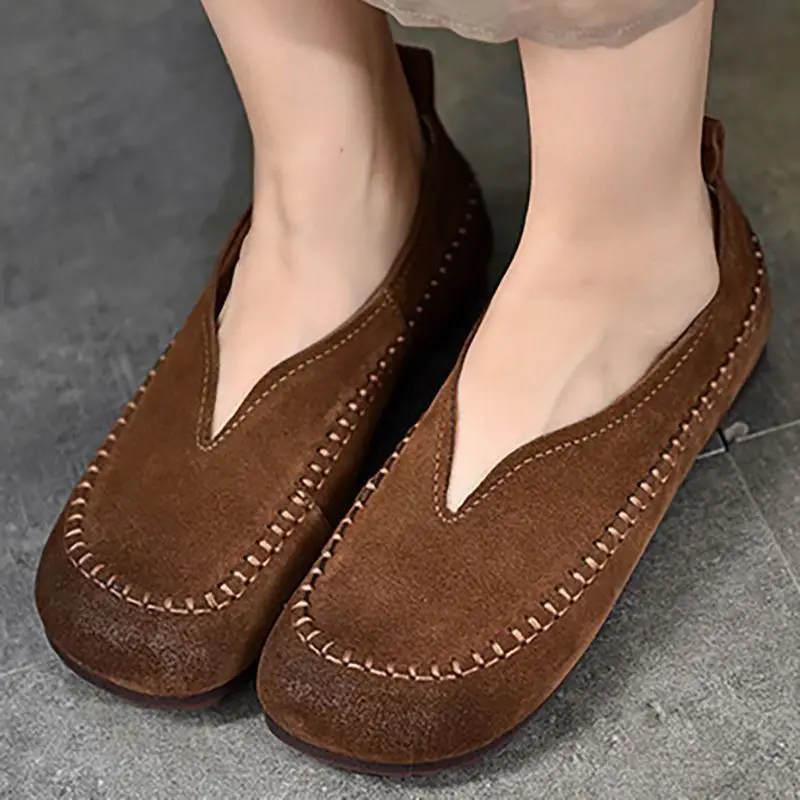 Faux Suede Leather Ballet Flats Women\'s Round Toe Loafers Woman V Cut Flat Shoes Female Brown Moccasins Ladies Slip On Shoes New