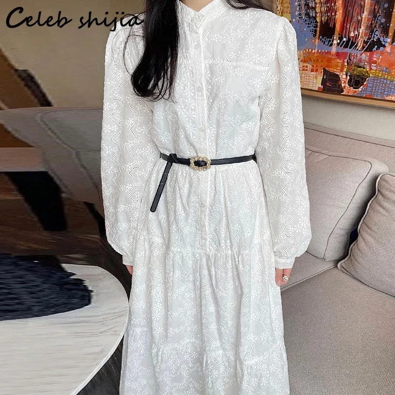 White Lace Woman Dres with Belt Spring Stand Neck Hook Flower Hollow Vestido Dress Women Vintage Elegant Women Clothing