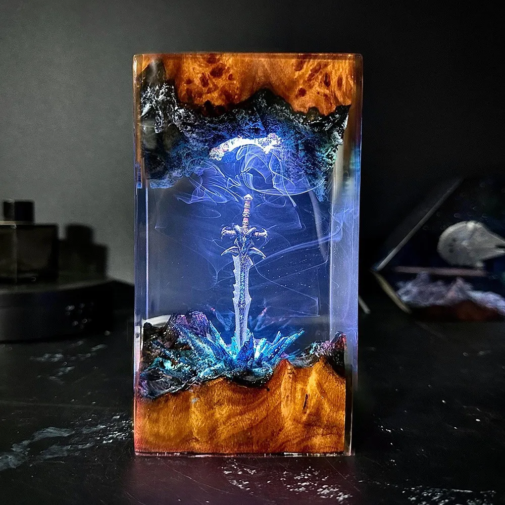 2026 Game Style Epoxy Resin Wood Art Lamp Mythical Sword Model Soft Lighting Bedroom Desktop Craft Ornament