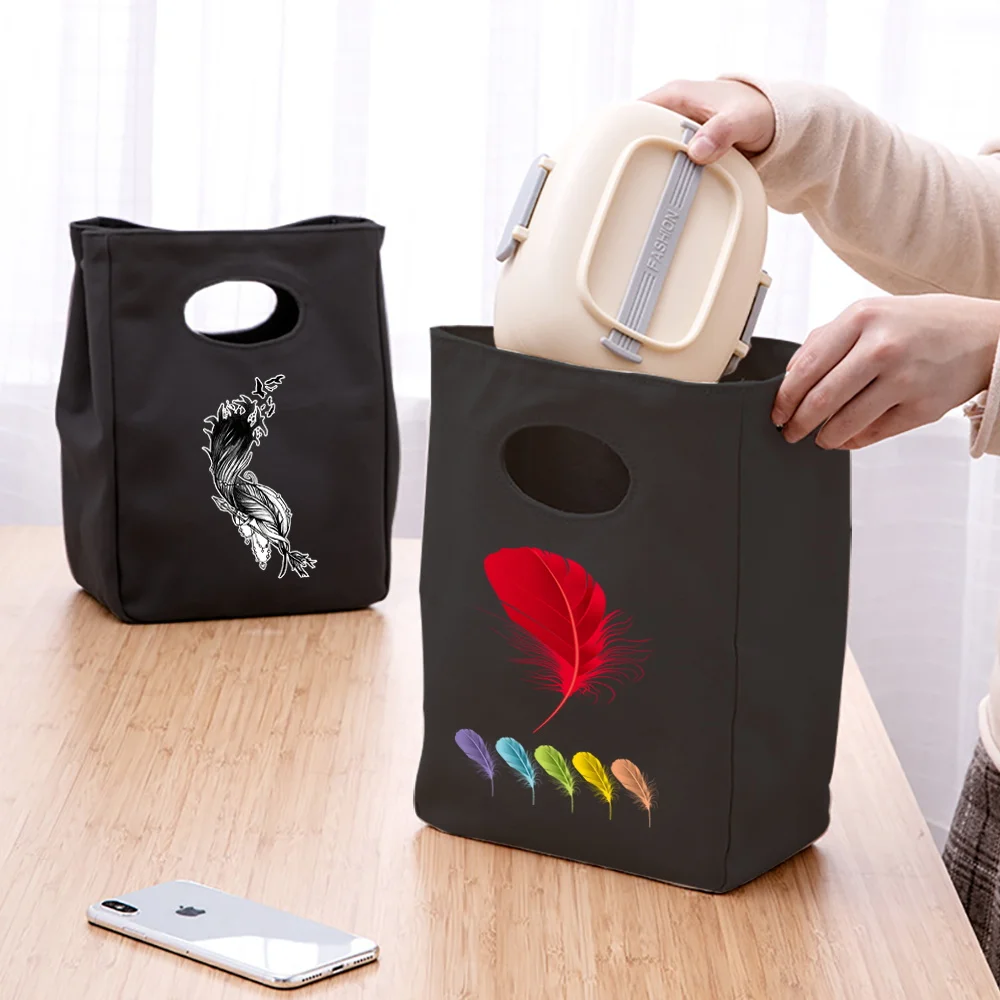 

Portable Thermal Bags Lunch Bag Feather Printed Cooler pouch Lunch Box Tote Thermal Food Picnic Bag Durable Bento Pouch Fashion