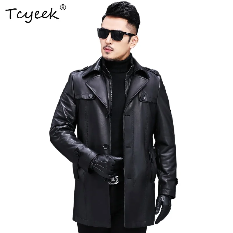 

Tcyeek верхний слой овчины осень-зима модный костюм с воротником черный средней длины мужская куртка из натуральной кожи Chaqueta Cuero Hombre