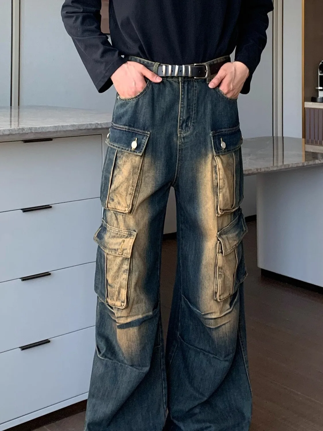 

Мужские свободные прямые джинсы в стиле ретро с американской талией, модные крутые брюки для спецодежды, винтажные синие джинсовые повседневные прямые брюки