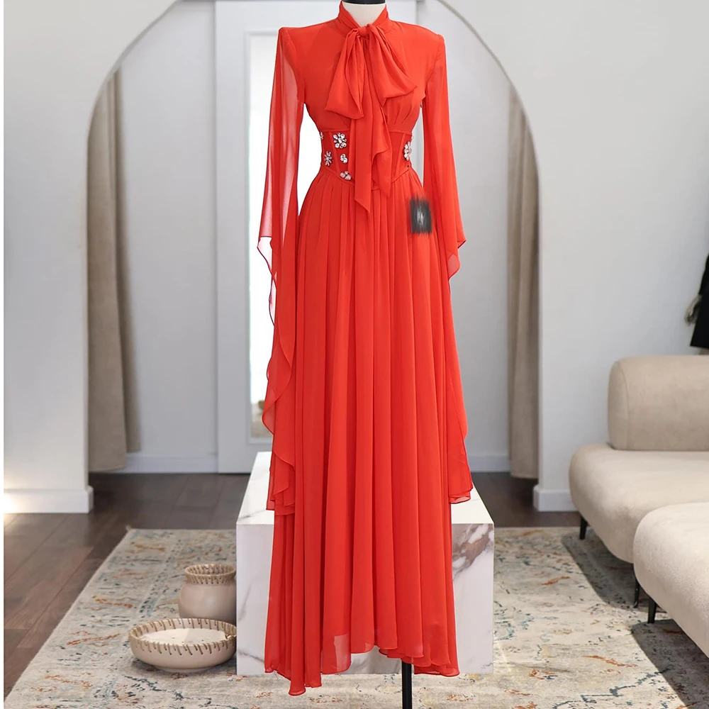 

Customized A-line Evening Dresses Floor-length High-neck Full Sleeve Prom Gown Fashion Crystal Simple Draped Casual Party Gown