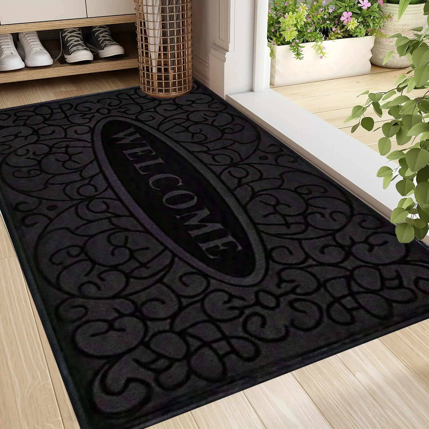 Tapis de bienvenue noir de luxe, tapis de porte décoratif pour entrée et couloir, décoration intérieure, ornement pour la maison.