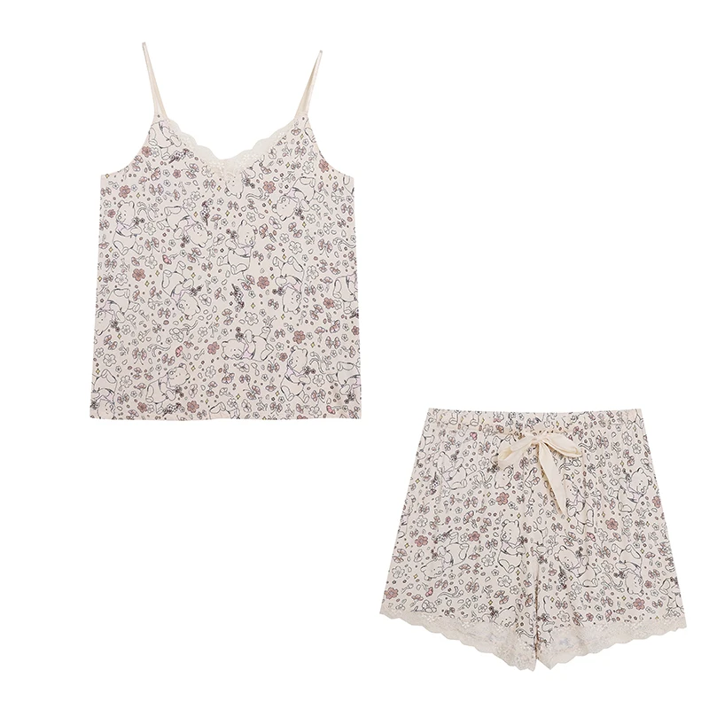 Summer Cartoon Anime Floral Sweet Women Cotton Strap Vest Shorts Lace Trim Set Home V-neck Sleeveless Comfortable Sleepwear