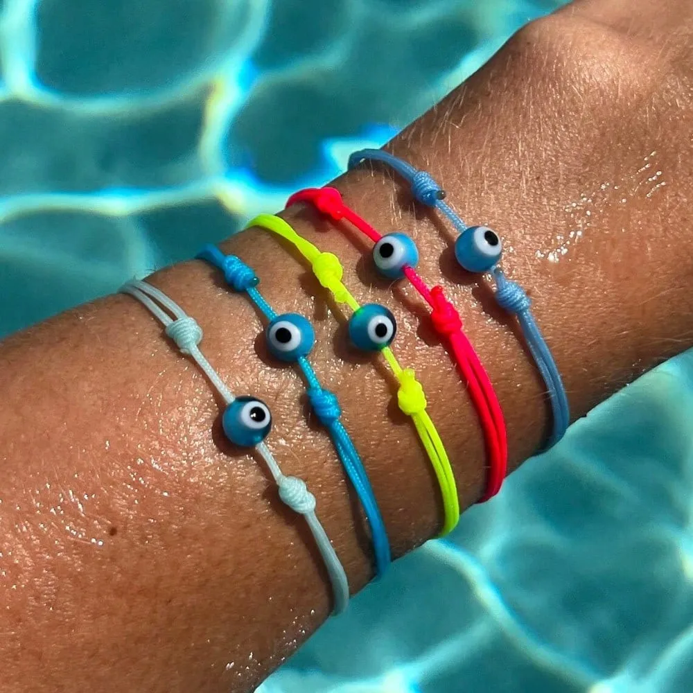 

5 Pcs Colorful Adjustable Evil Eye Cord Bracelets – Waterproof Lucky Protection Jewelry for Summer Beach or Daily Wear
