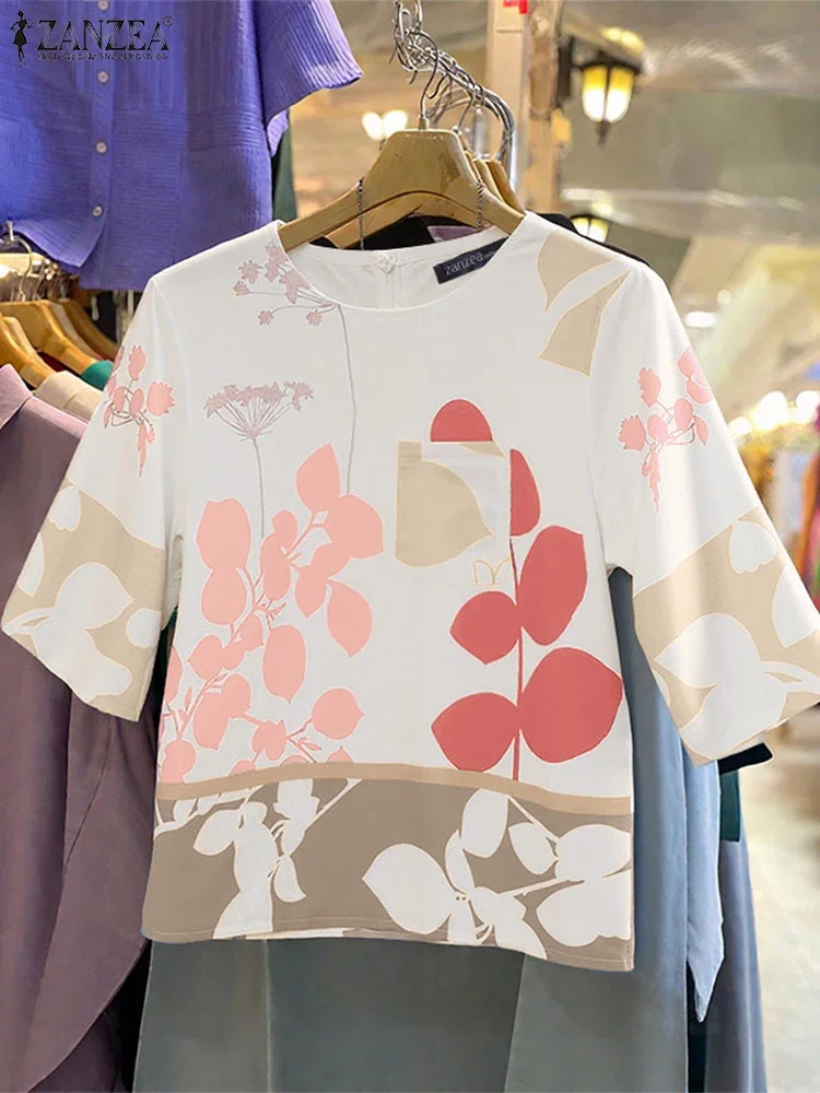 

ZANZEA Fashion Women Blouse 2025 Summer Tunic Tops Vintage Printed Shirts Casual 3/4 Sleeve Pocket Loose Blusas Ladies Oversized