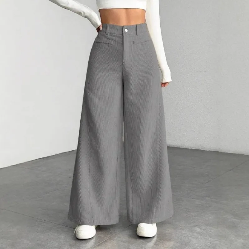 Europejsko-amerykańskie jesienno-zimowe sztruksowe spodnie damskie z wysokim stanem, luźne, wyszczuplające, z szerokimi nogawkami.