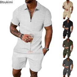 Summer New Two Pieces Sets Men's Fashion Half Zip Short Sleeve Polo Shirt and Drawstring Shorts Casual Suit Male Loose Tracksuit