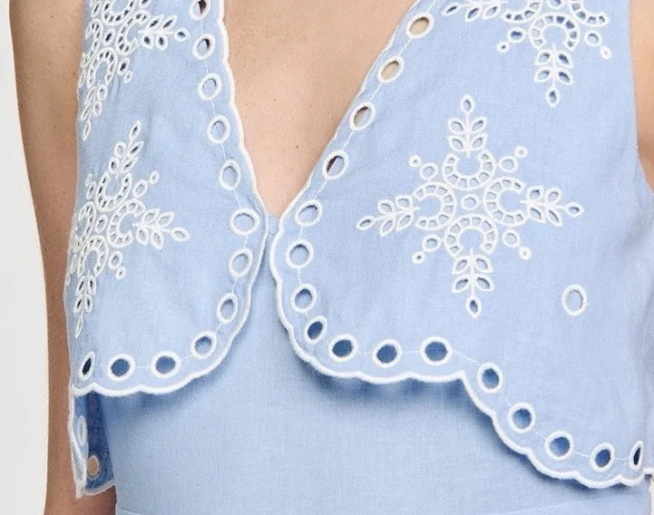 Sand* Women Mini Dres light blue embroidery Hollow-out V-Neck sleevelss Holiday Style