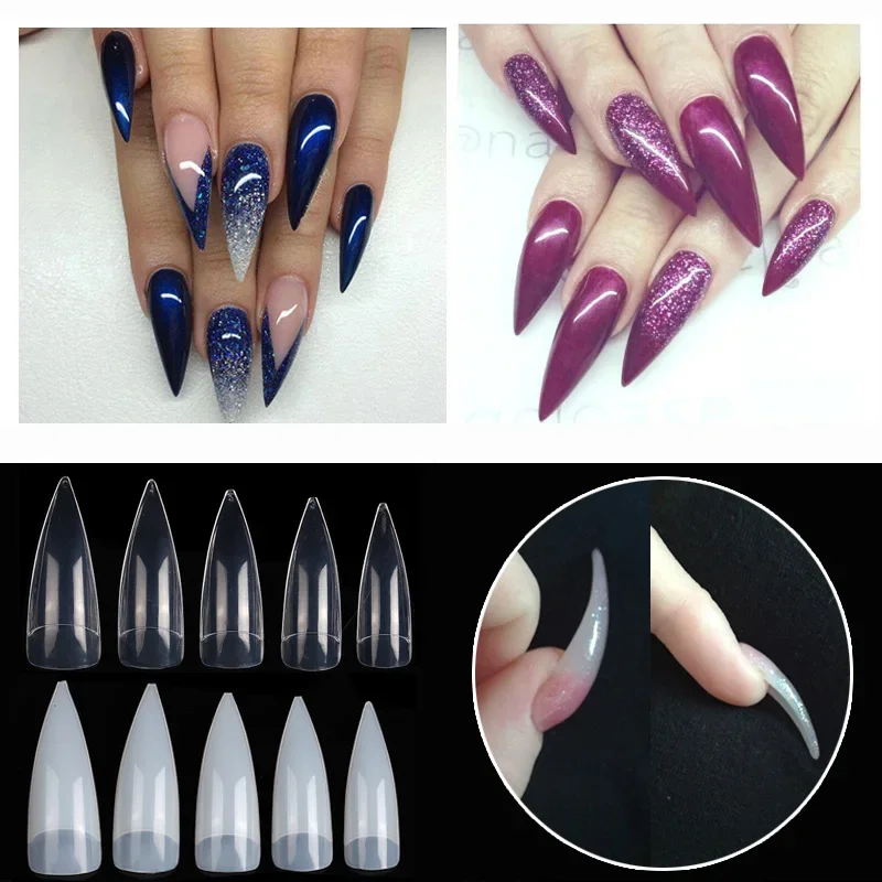 500 Pieces Long Acrylic Half Cover Nail Tips Eagle Claw Sharp End Stiletto False Nails Tips Manicure Artificial Fake Nails