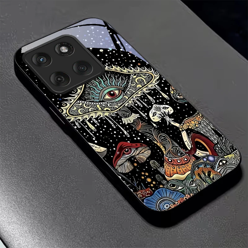 Magic Mushrooms Art Black Glass Phone Case For Motorola Moto Edge 70 60 Fusion 50 Ultra 40Neo 30 Pro 20Lite 60s 50Neo Back Cover view 5
