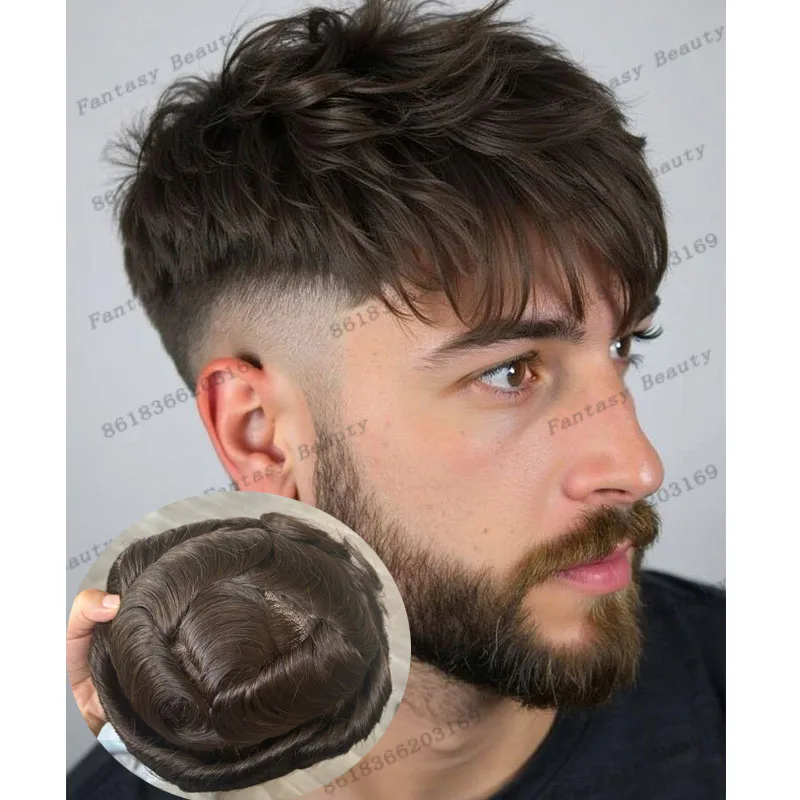 6Inch Long 30mm Wave Durable Strong NPU Mono Base Men Toupee Undetectable 30mm Wave Chocolate Brown Man's Human Hair Wigs System
