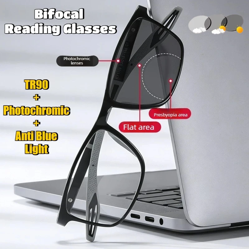 

New TR90 Bifocal Reading Glasses Unisex Fashionable Photochromic Reading Glasses with High-Definition Blue Light Protection +4.0
