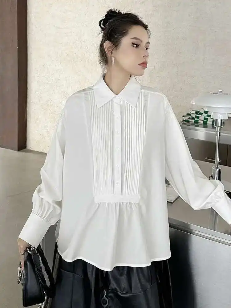 

Women White Pleated Spliced Elegant Big Size Blouse New Lapel Long Sleeve Shirt Fashion Tide Spring Autumn