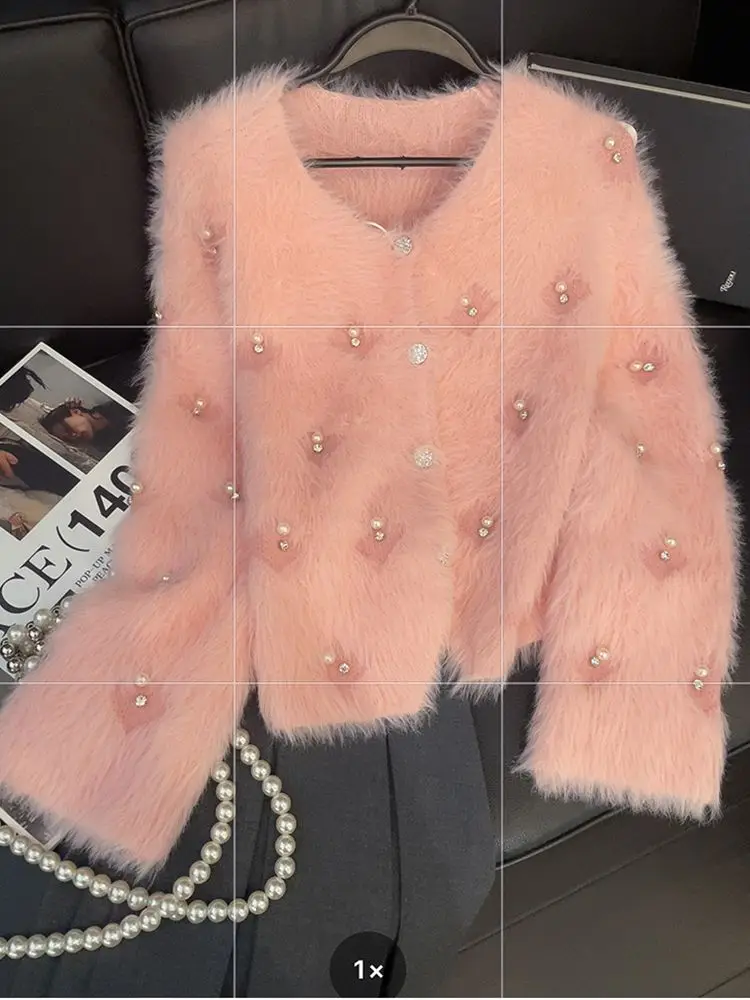 Luxury Fluffy Furry Soft Pink Knitted Cardigan Beaded Autumn Winter Coat Women Sweater Short Tops Design Outerwear White Jumpers