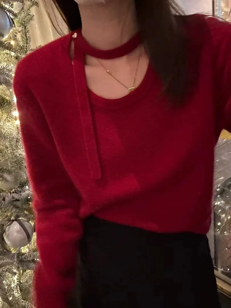 

Мягкий шерстяной вязаный свитер с круглым вырезом, весна 2026, повседневный, удобный женский пуловер, красный дизайн к Новому году, модный