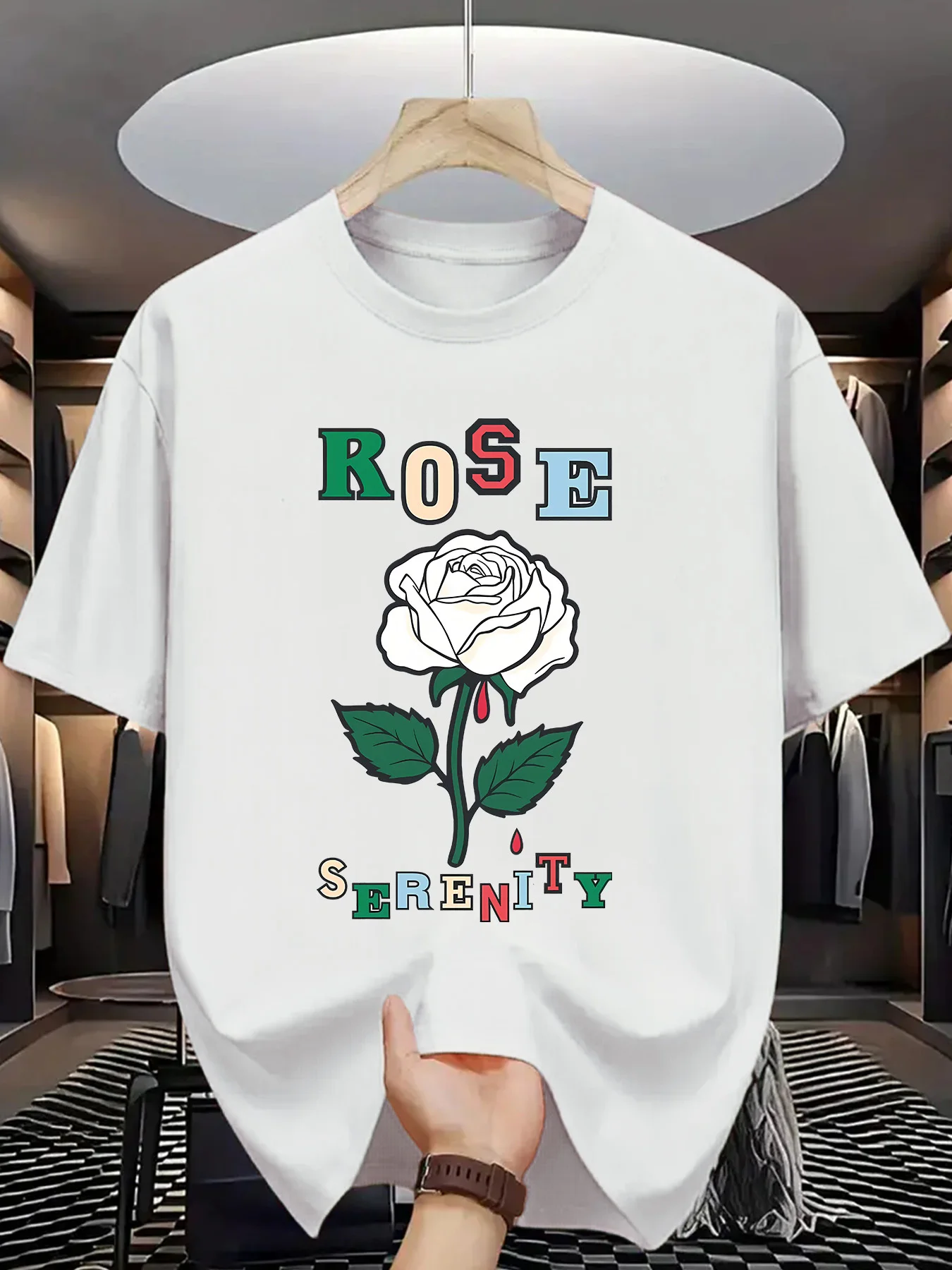 Flower Graphic T Shirt For Men White Rose Serenity Colorful Letter Crew Neck Tee Elegant Floral Art Print Casual Daily Tops
