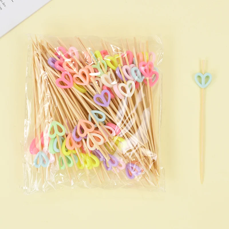 100pcs Disposable Heart Cocktail Toothpicks Food Fruit Drink Appetizer Skewer Dessert Salad Bamboo Pick Wedding Party Supplies