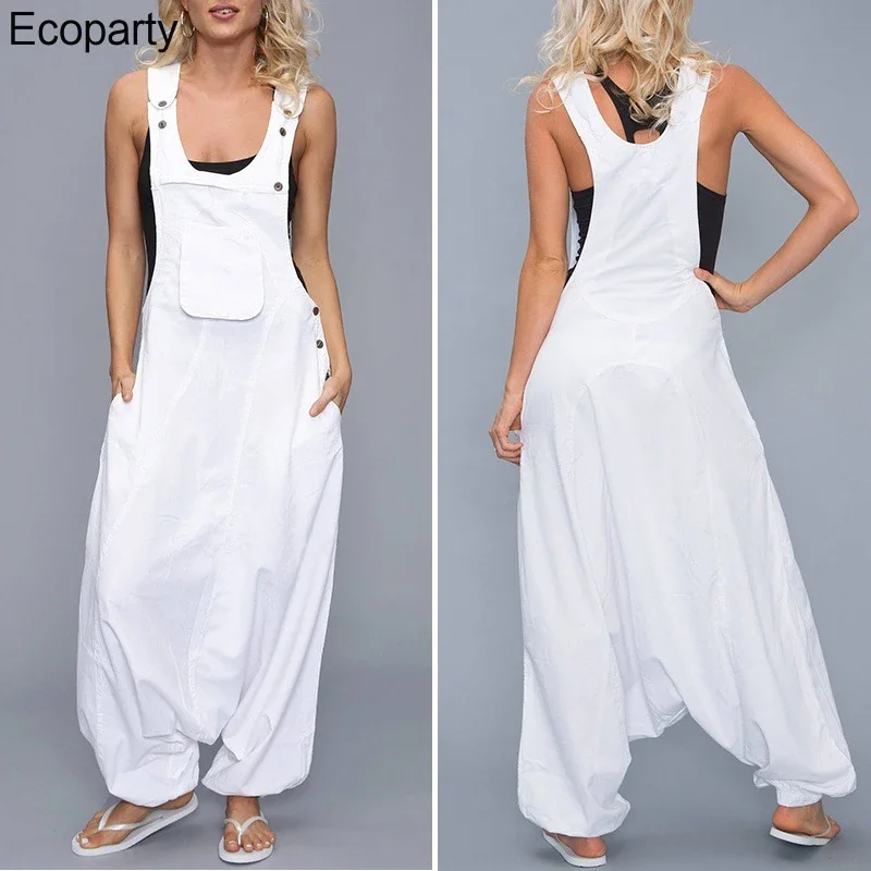 Womens summer Loose Jumpsuits Harem Pants Wide Leg Pants Sleeveless Pockets Bib Jumpsuit Siamese Trousers For Lady Large Size 35