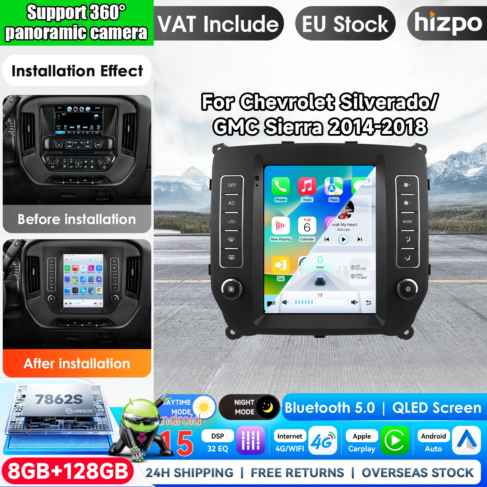 Hizpo Carplay Stereo Autoradio Multimedia-Videoplayer Autobildschirm für Silverado 2014 - 2019 GMC Sierra 8-Kern Android 16 FM 4G GPS BT Touch-Display Airplay Autoradio-Player Stereo GPS-Navigation