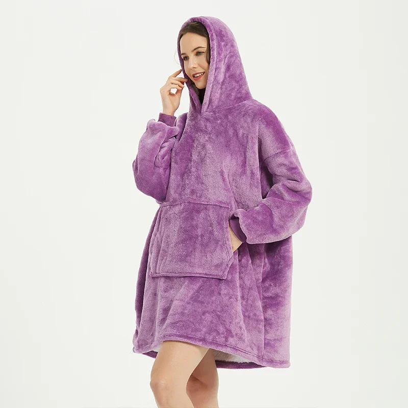 Winter Blanket Hoodie Oversized Warm Wearable Blankets 850grams Microfiber Plush Pullover Robe Fleece Blanket Sweatshirt Women