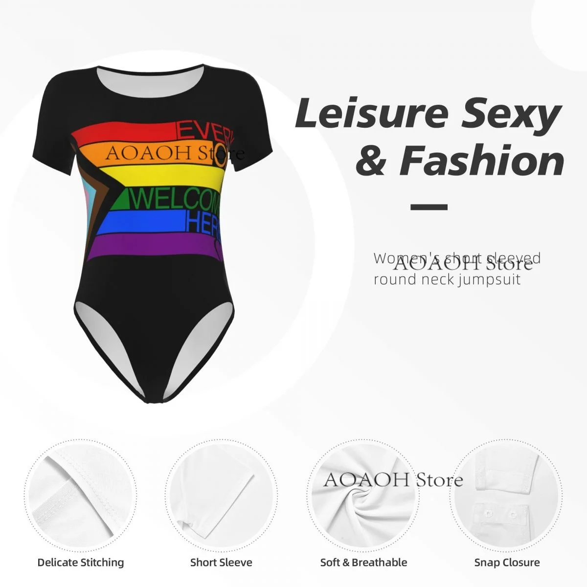 Pride Flag Rainbow Women's Casual Crewneck Leggings Jumpsuit Tight Sexy Short Sleeved