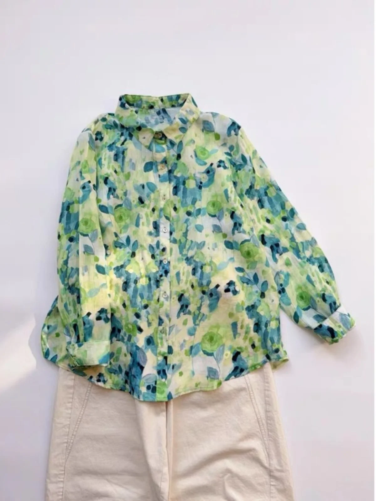 

een Linen Floral Print Loose Fit irt Thin Summer Spring Women's Top Versatile Sle Long Sve Button Closure Ne